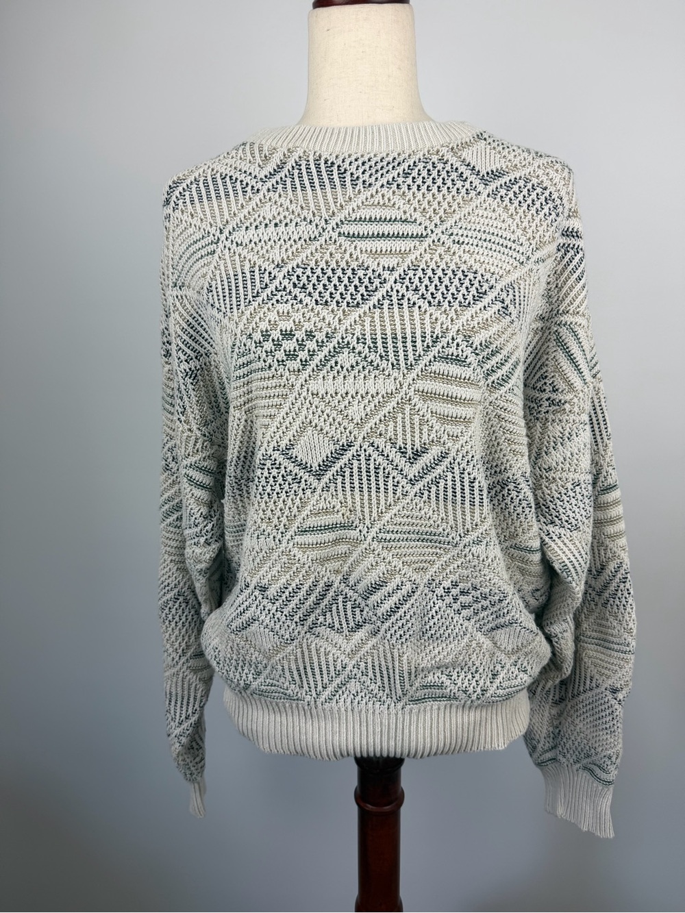 bill blass Cream and Sage Geometric Knit Sweater Size L